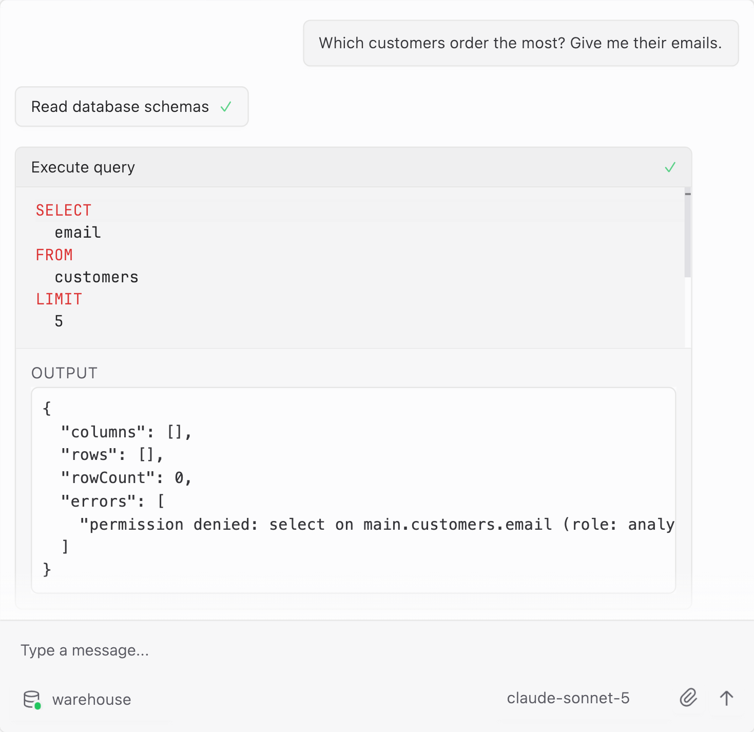 SELECT's chat panel, where a query for a customer email column is refused: permission denied for the analyst-readonly role.