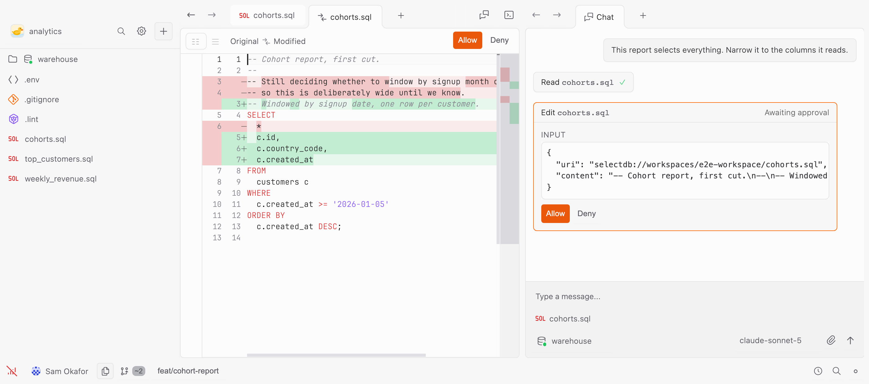 The chat having read a query file and proposed a rewrite: the diff open beside it with Allow and Deny, and the same choice in the chat, marked awaiting approval.