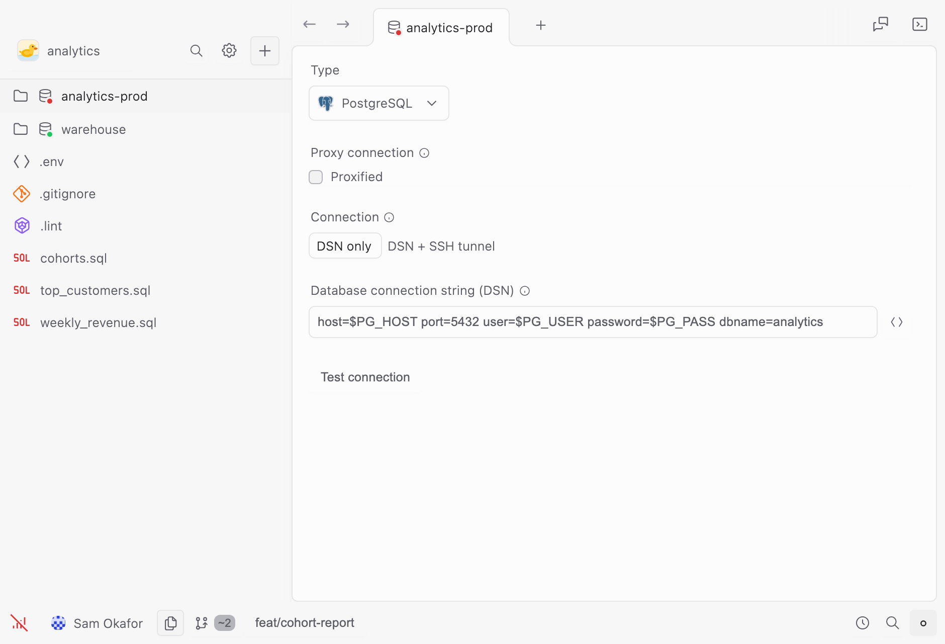The connection form for a PostgreSQL database: dialect, name, the proxy checkbox, the DSN and SSH tunnel modes, and a DSN written from $VAR references.