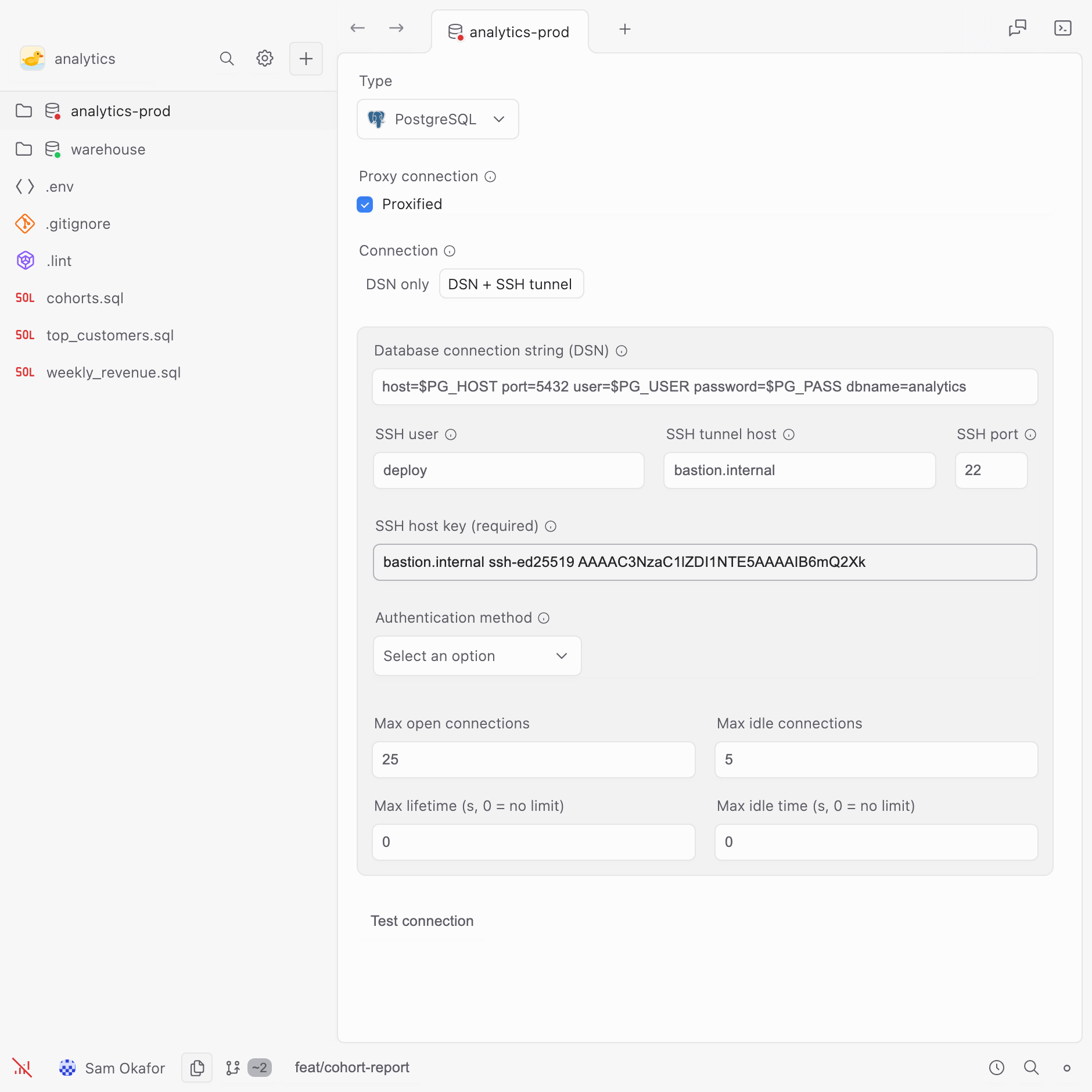 The lower half of a proxified connection form: the required host key, the authentication method, and the four pool settings.