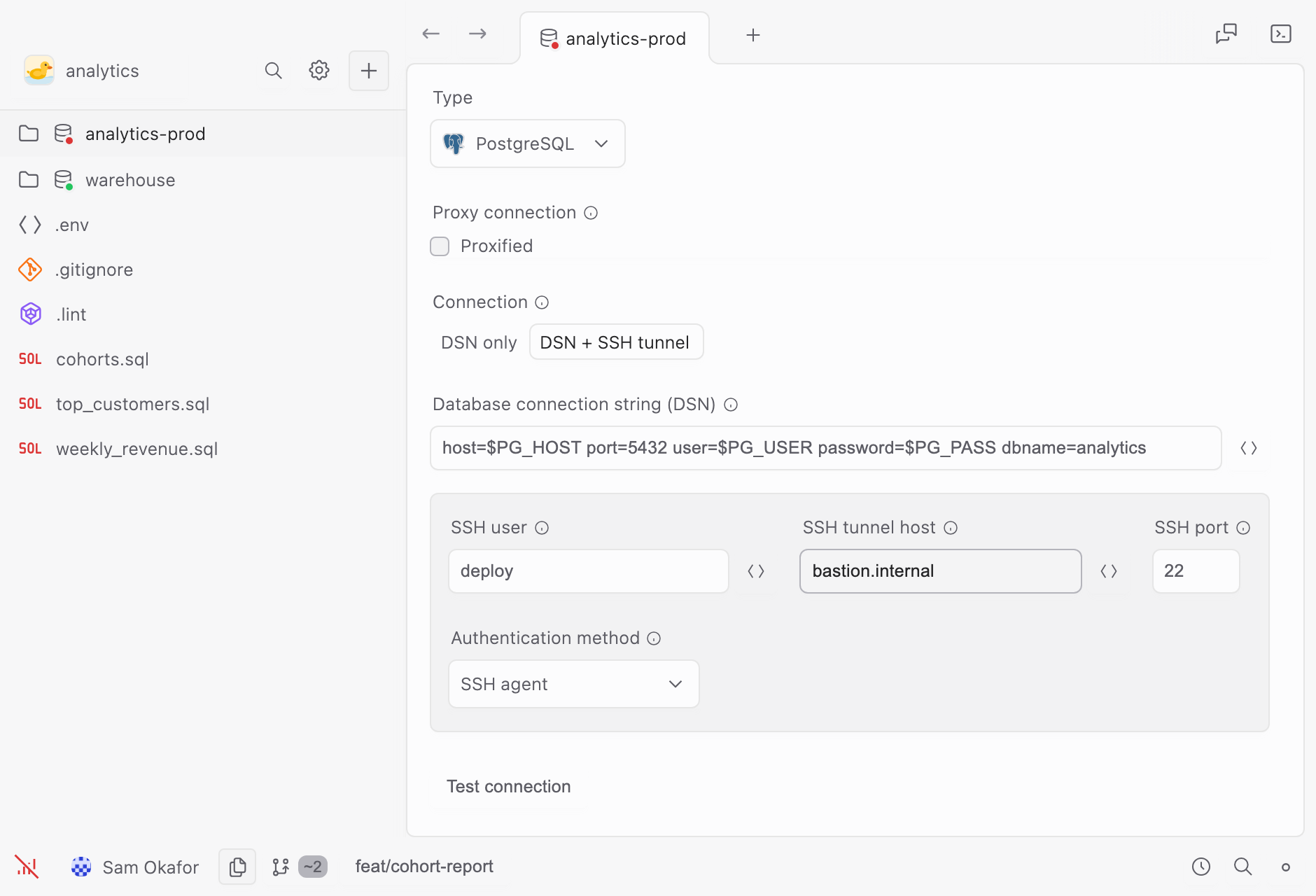 The connection form in tunnel mode: the DSN, then the tunnel’s own user, host, port and authentication method.