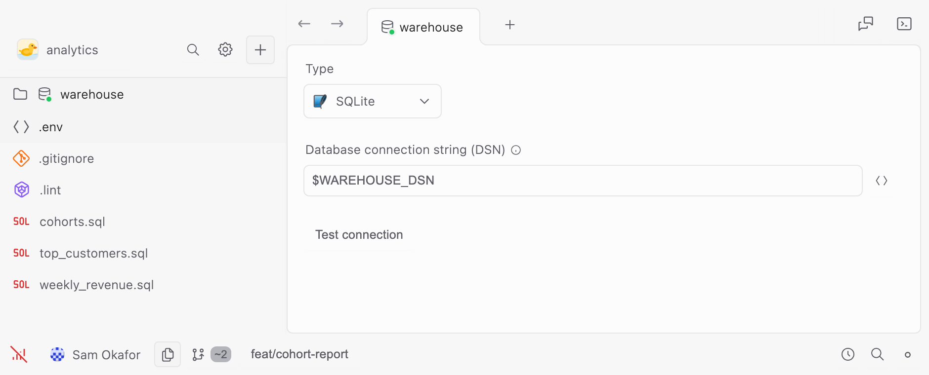 The connection form: dialect, name, and a DSN written as $WAREHOUSE_DSN rather than a literal connection string.