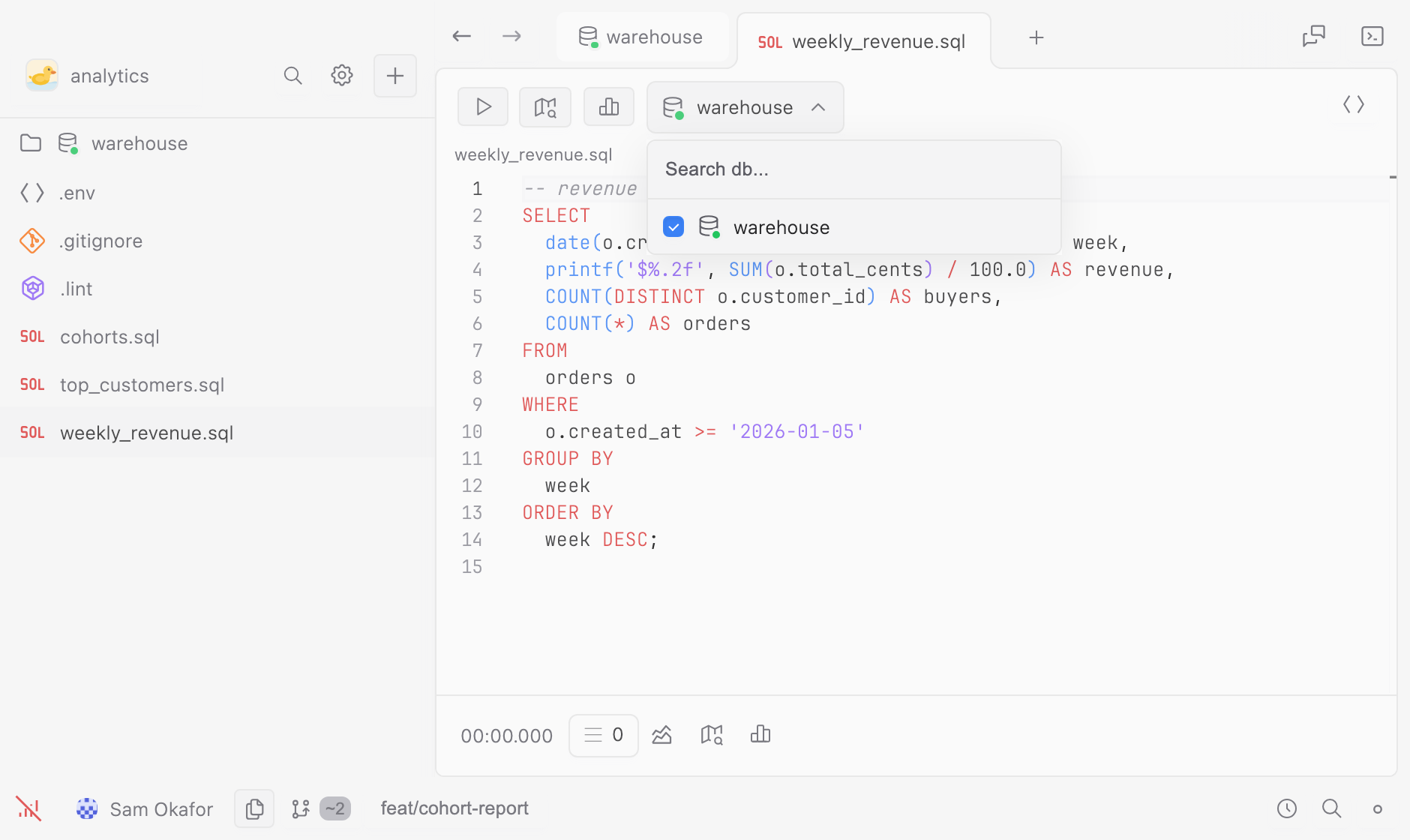 The database picker open over a SQL file, with the warehouse connection ticked.