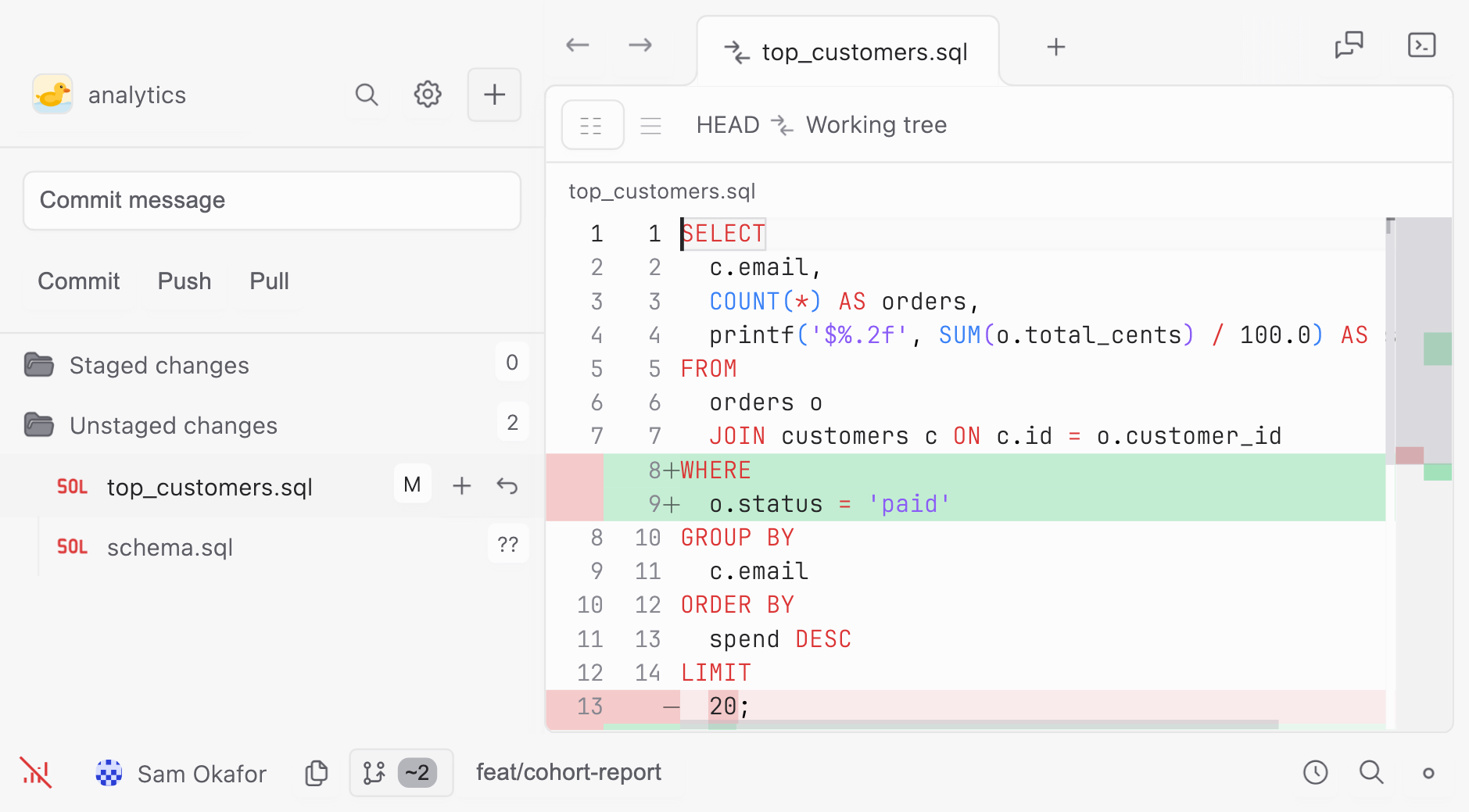 SELECT's source control panel on a feature branch, showing a modified query and its diff against the last commit.