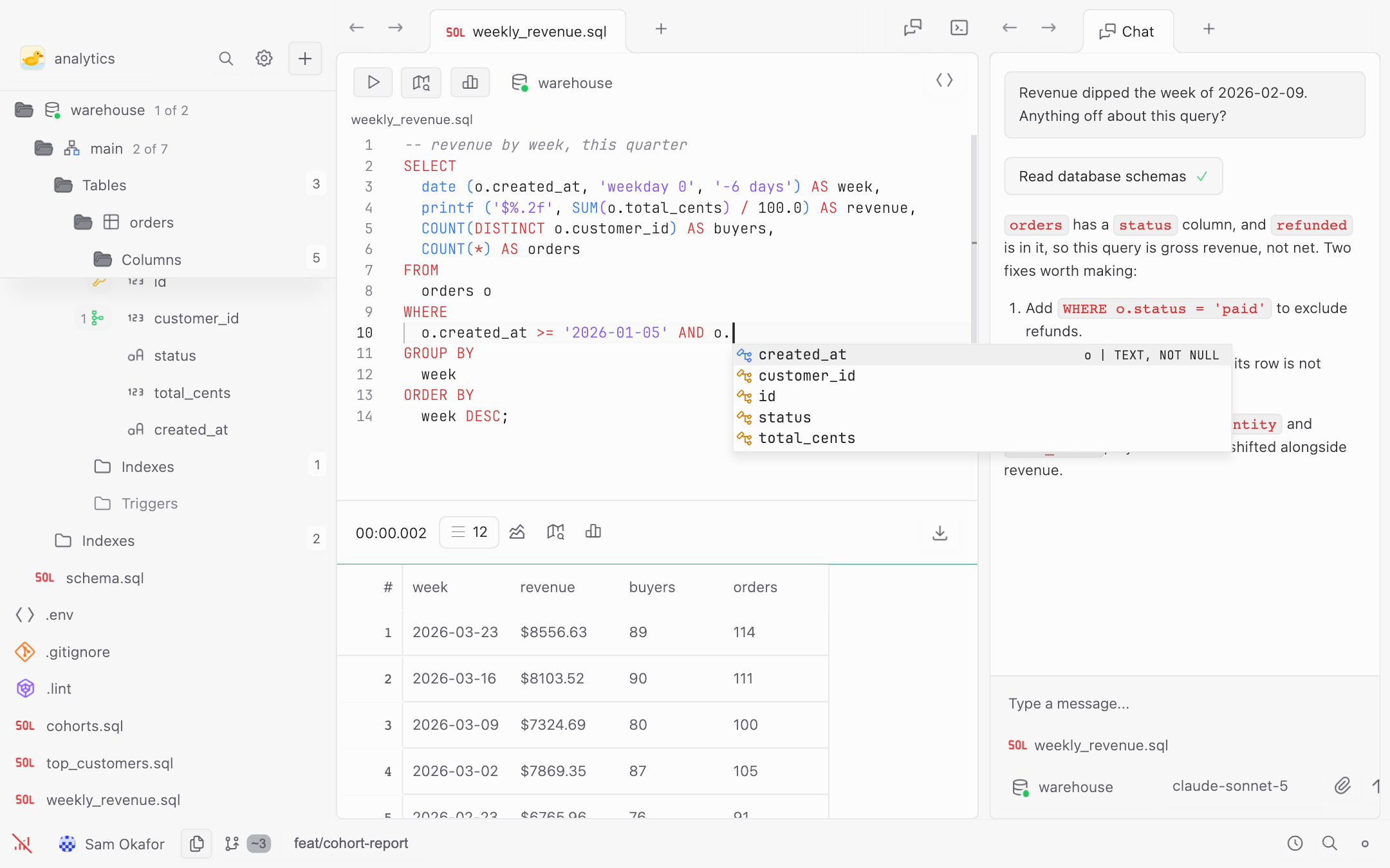 The application: the schema tree opened down to a table’s columns, a query mid-completion with the column list over it, its results in the grid below, and the chat answering a question about that same query.