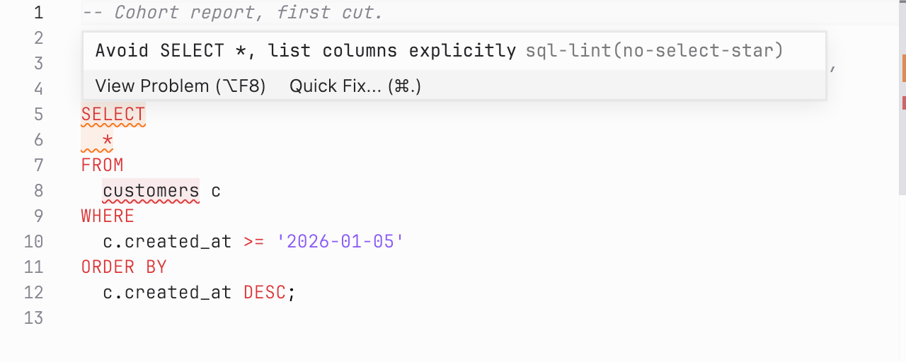 A draft query in SELECT with SELECT * underlined, and the workspace lint rule that flagged it: avoid SELECT *, list columns explicitly.