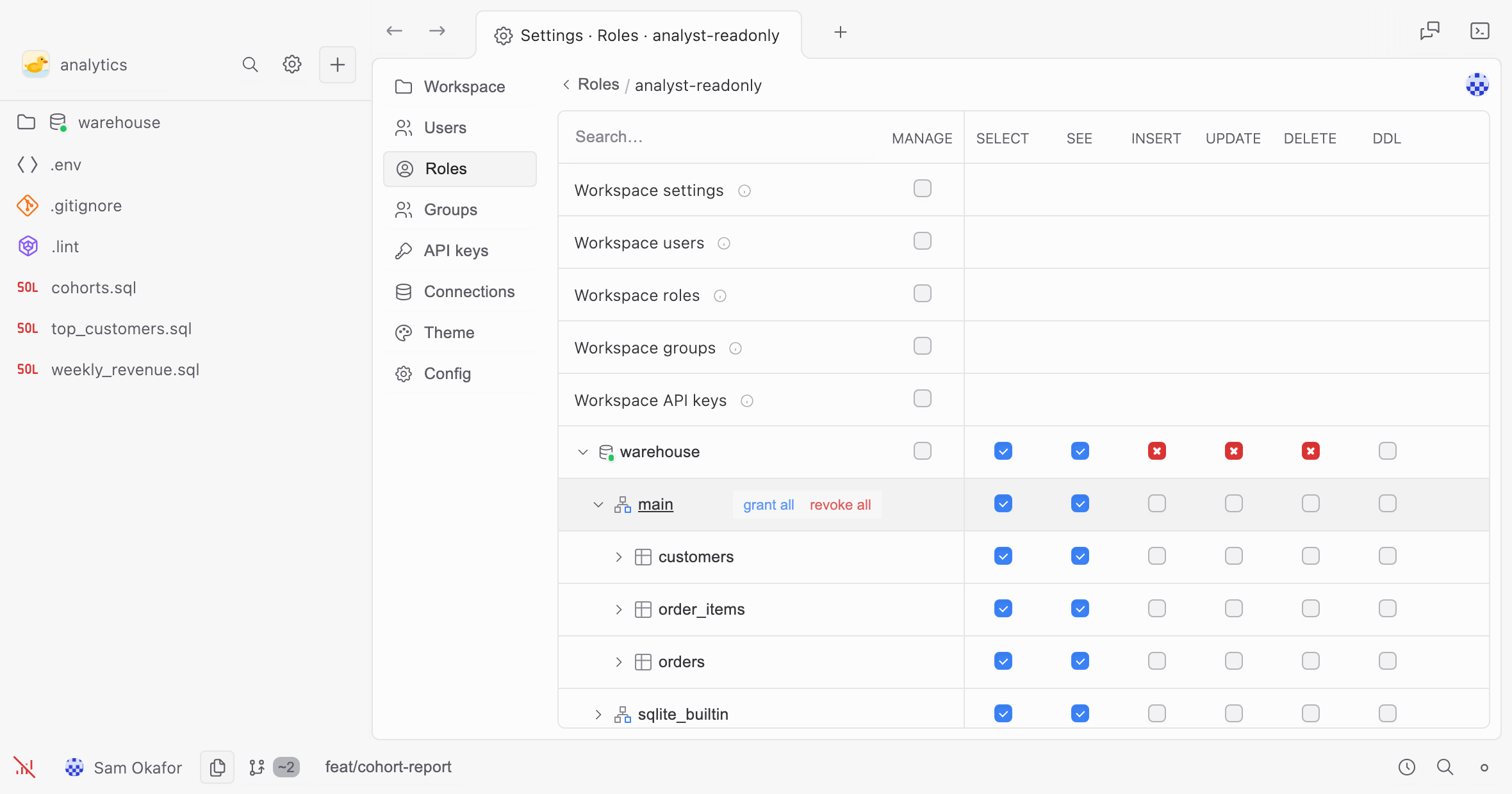 The permission grid for a role: workspace-level rows above, then the database, its schema and its tables, with allow and deny against each action.