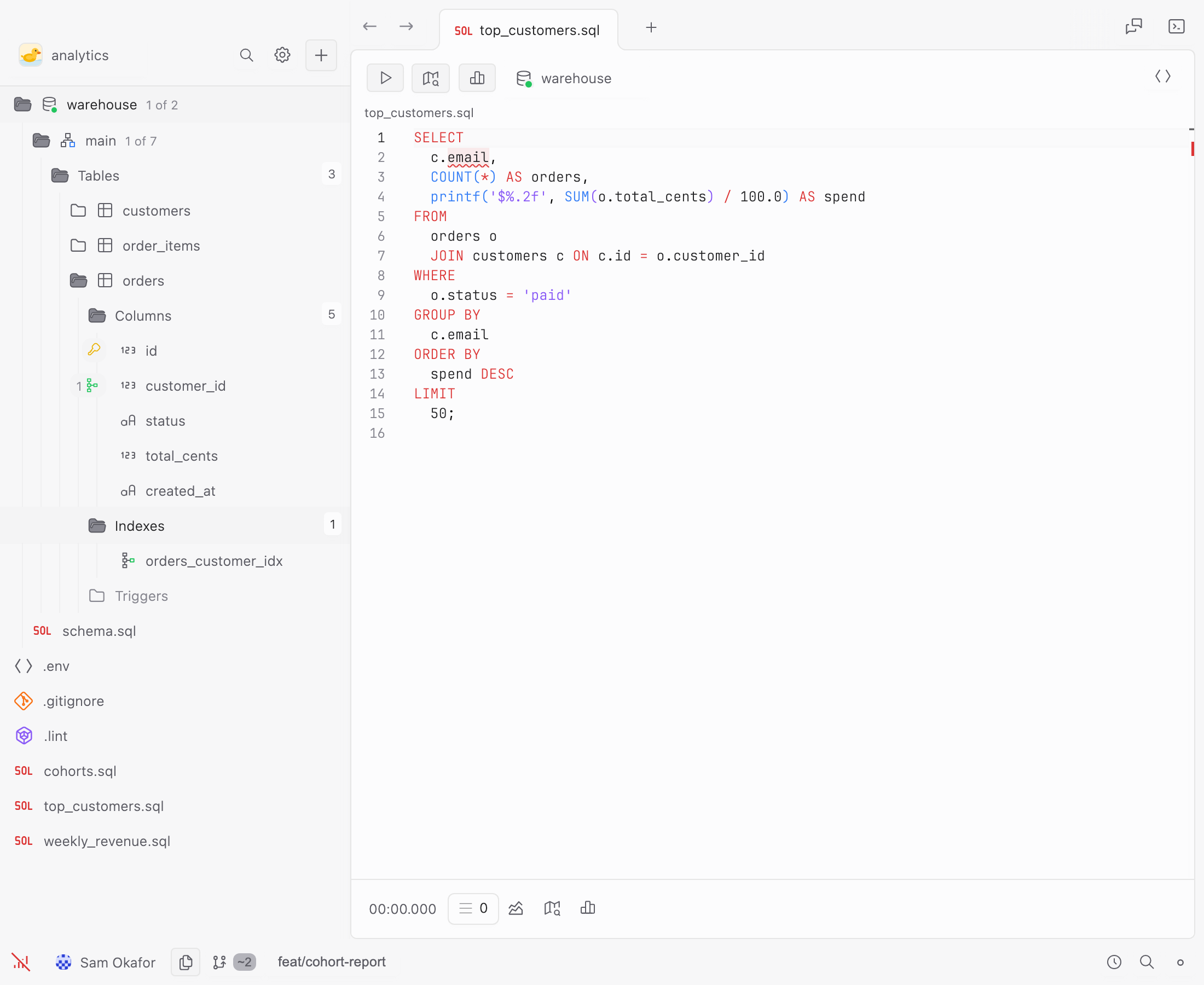 The sidebar tree opened from a database down to one table: its five columns with their types, a key on the primary key and a link on the foreign key, and the index below them.