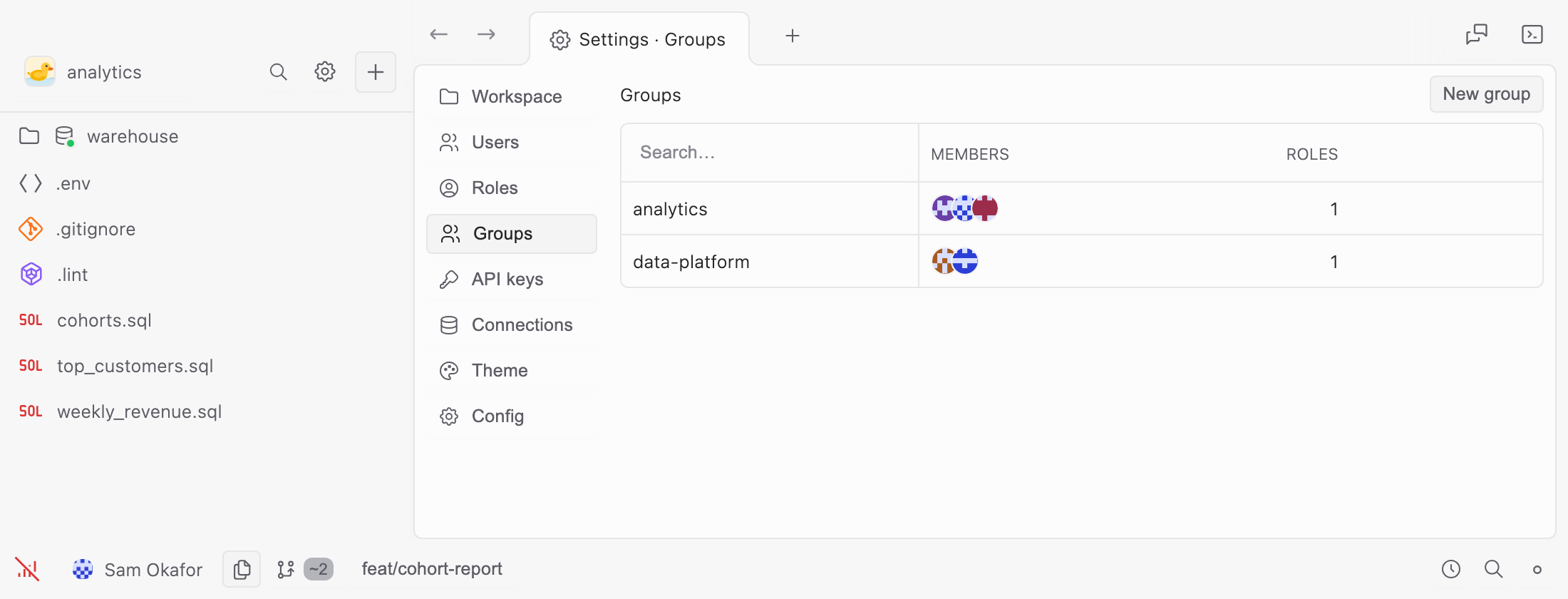 The workspace’s groups: two of them, each with the members it holds and the number of roles it grants them.