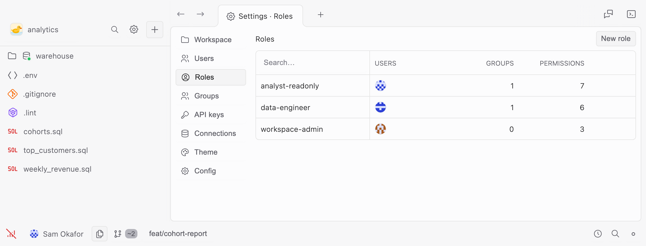 The workspace’s roles: three of them, each with the users holding it, the number of groups carrying it, and how many permission rules it is made of.